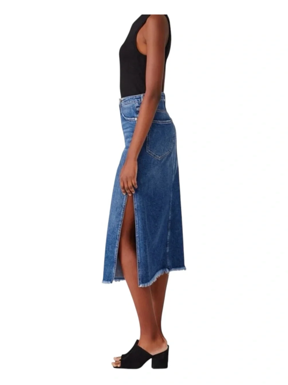 FREE PEOPLE Midi Blue Denim Skirt with Side Slits.